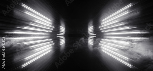 Fototapeta Naklejka Na Ścianę i Meble -  Sci Fi Futuristic Wing Shaped Podium Circle Stage Smoke Neon Led Lights Electric White Glowing Cyberpunk Concrete Dark Hallway Garage Showroom Garage Empty 3D Rendering