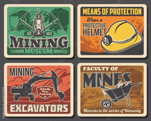 Mining industry coal mine machinery excavators and miner equipment museum vector vintage posters. Miner university and industrial production faculty on metal and iron ore extraction