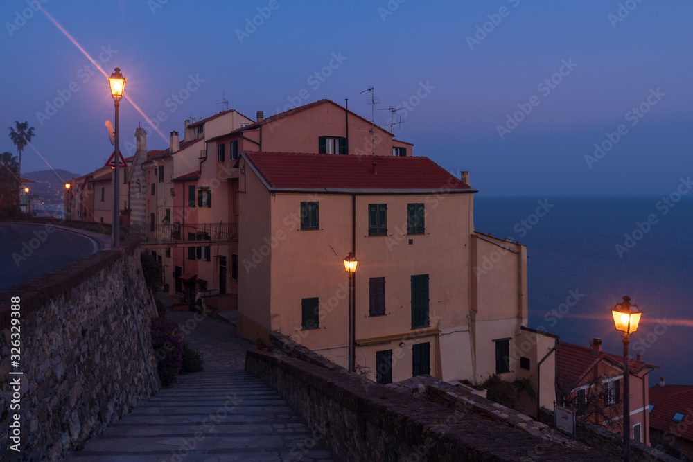 Imperia street view in the night, Liguria, Italy
