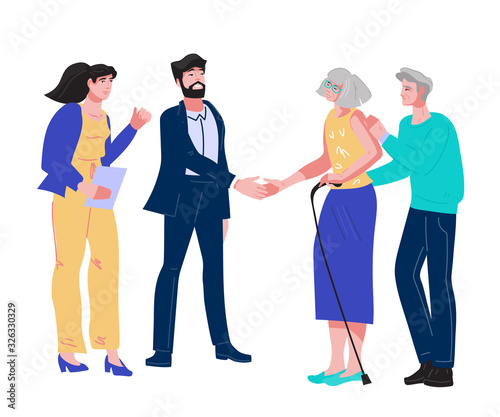 Elderly senior couple visit Public Notary for inheritance or testament document arrangement. Notarial consultation and legal support in bequest papers setting. Flat vector illustration.