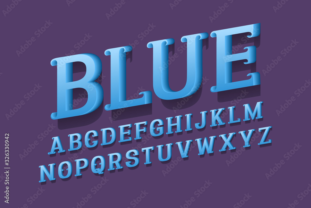 Obraz premium Volumetric alphabet of blue letters with curly serifs. 3d display font. Isolated english alphabet.