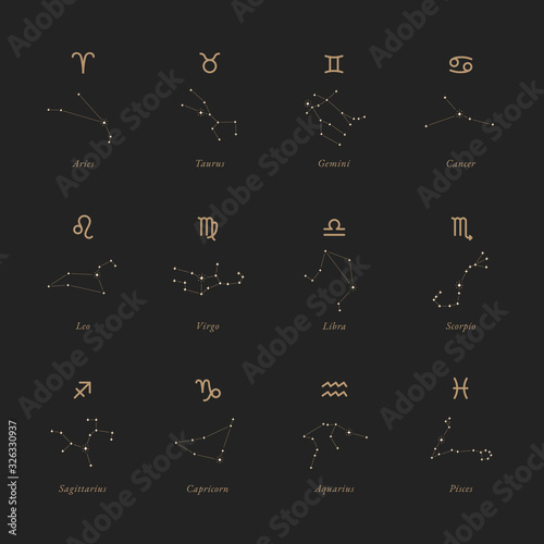 Constellations Vector Design.  Zodiac signs. Black and gold Minimalistic illustration set.
