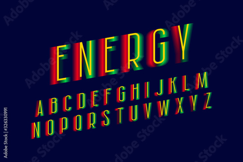 Energy alphabet of red green yellow letters. Vibrant display font. Isolated english alphabet.