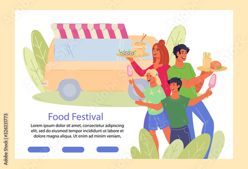 Street food festival web banner with food truck and people enjoying meals. Culinary feast restaurant or cafeteria concept. National cuisines day festival or fair. Flat vector illustration.