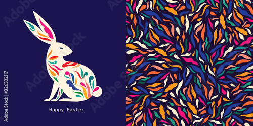 Colorful illustration with hare. Happy easter greeting card with decorative easter bunny 