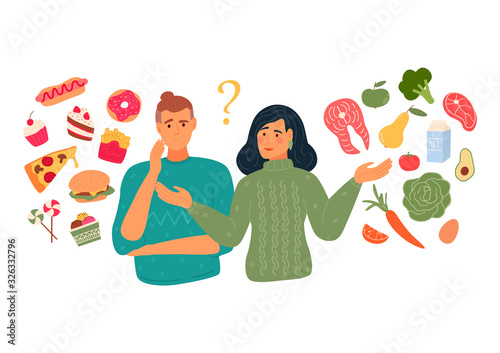 People chooses between fast food and healthy