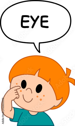 Young kid boy pointing to and saying eye in a speech bubble. Illustration from naming face and body parts serious.