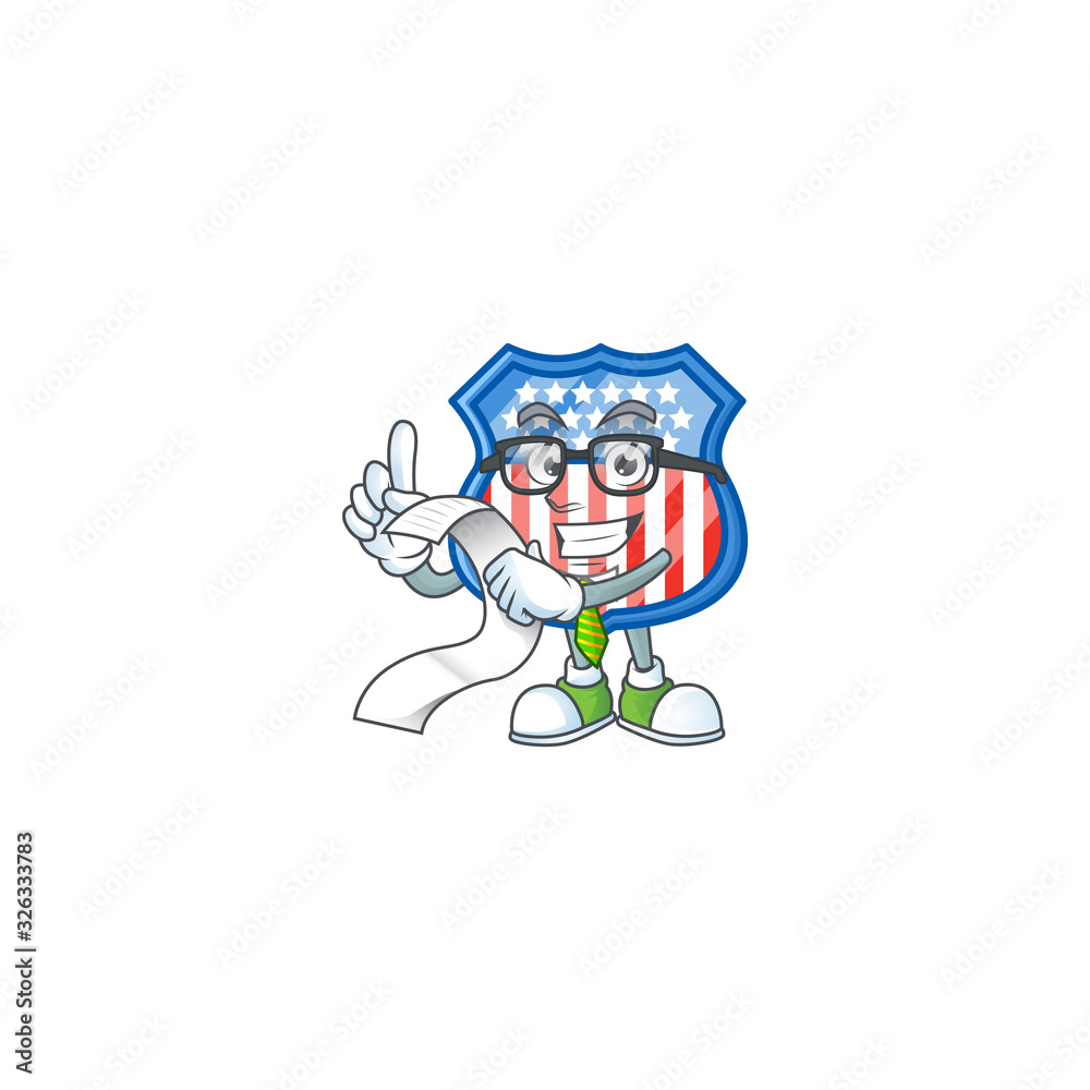 A funny face character of shield badges USA holding a menu A funny face character of shield badges USA holding a menu