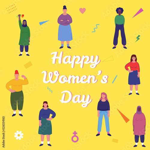 International womens day. Group of womens with different nationalities and cultures. Womens day concept. Vector