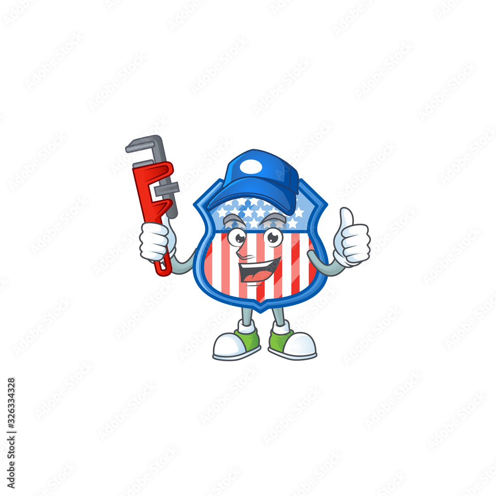 Smiley Plumber shield badges USA on mascot picture style Smiley Plumber shield badges USA on mascot picture style