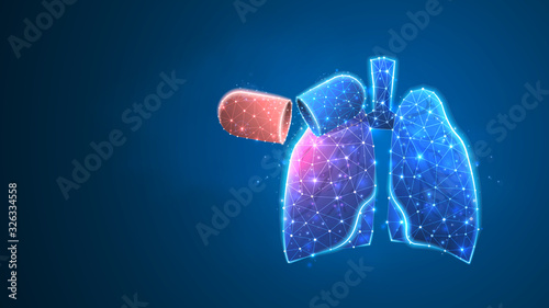 Human Lungs with Virus-cell. Epidemic strain, pneumonia or respiratory pathogen concept. Abstract polygonal image on blue neon background. Low poly, wireframe, digital 3d vector illustration