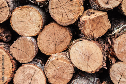 Wooden natural cut logs for harvesting for the winter. Concept of heat in the house