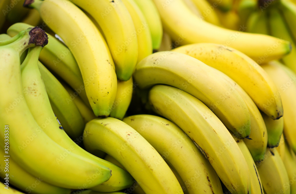 Close-up view of organic bananas in supermarket.