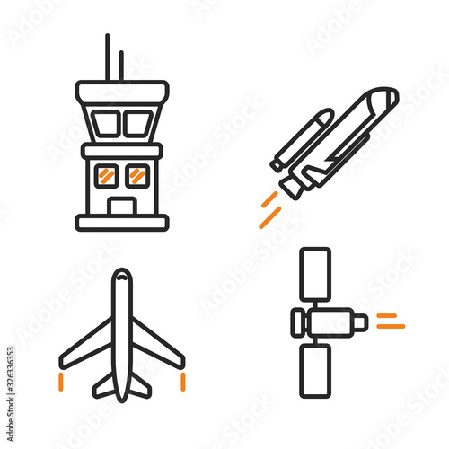 Space icons in linear style. Simple cosmic line signs. Airplane, spaceship, sputnik and tower symbols