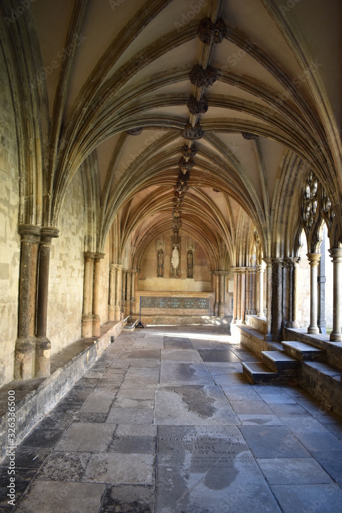 Inside the cloisters of Norwich Cathedral, in Norfolk, England, UK