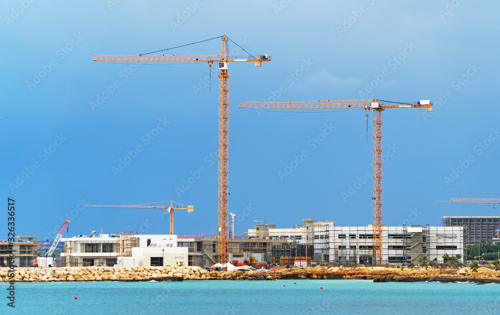 Lots of construction cranes near Ayia Napa in Cyprus.