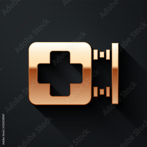 Gold Hospital signboard icon isolated on black background. Long shadow style. Vector Illustration