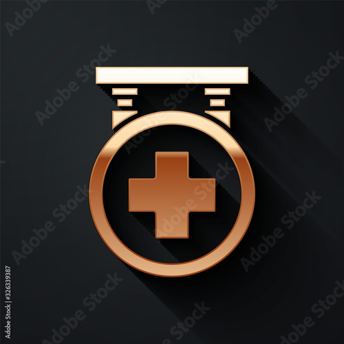 Gold Hospital signboard icon isolated on black background. Long shadow style. Vector Illustration