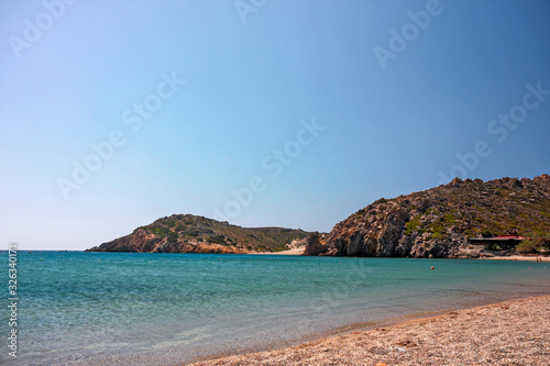 Panoramic view of the golden beach of Vai, on the island of Crete in Greece.