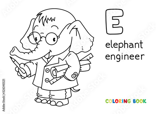 Elephant engineer ABC coloring book. Alphabet E