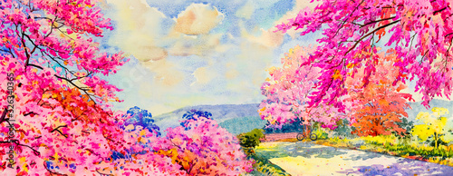 Fototapeta Naklejka Na Ścianę i Meble -  Abstract watercolor landscape painting imagination colorful of beauty flowers
