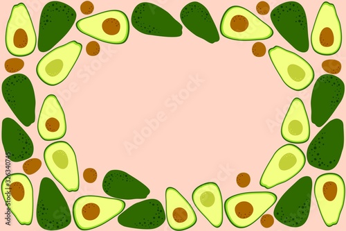 Avocado background. Healthy diet template to place text. Whole fruit and half cut avocado. Simple cartoon flat design. Vector