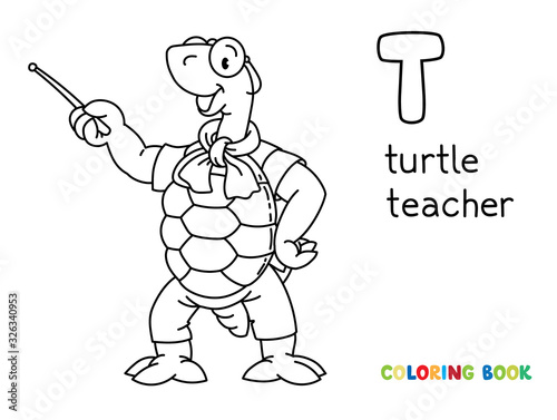 Turtle teacher ABC coloring book. Alphabet T