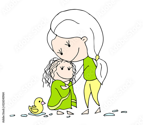 Happy Mother's day. 8 March. Black and white cute cartoon hand drawing family isolated on white background. Vector illustration. Can be used for t-shirt print, fashion design, poster invitation card.	