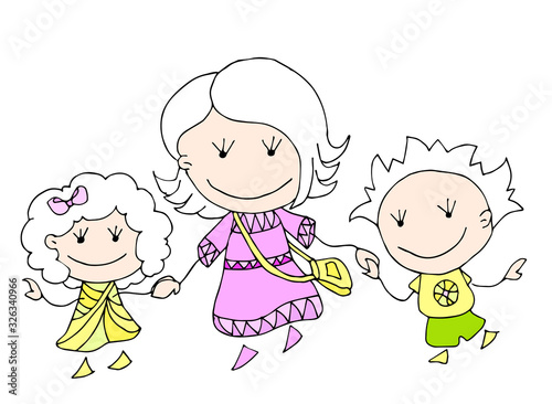 Happy Mother's day. 8 March. Black and white cute cartoon hand drawing family isolated on white background. Vector illustration. Can be used for t-shirt print, fashion design, poster invitation card.	
