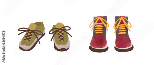 Two pair of colorful autumn shoes hand drawn in watercolor style isolated on white