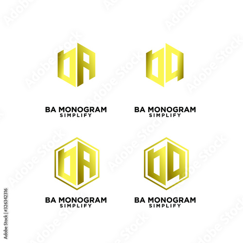 set of gold ab, ba, a b initial monogram hexagon letter black logo design