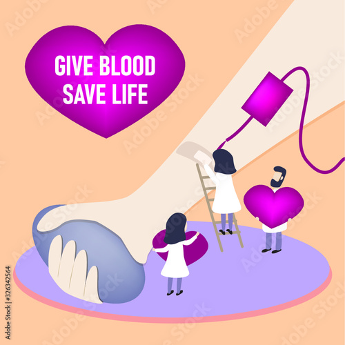 Blood donation vector illustration. Flat persons concept for emergency donor aid, transfusion charity and patient support. Pharmacy equipment and collection for urgent hospital surgery situation