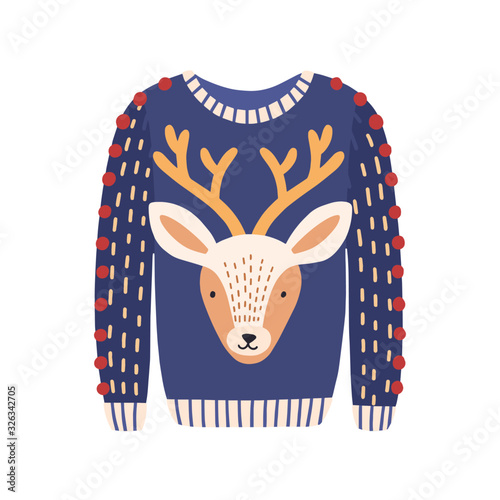 Cartoon ugly Christmas sweater with deer head image isolated on white background