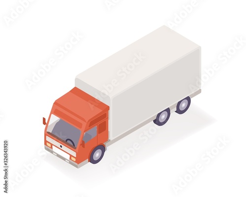 Delivery truck isometric vector illustration. Cartoon vehicle express supply parcel service isolated on white background. Modern postal maintenance shipment orders and goods