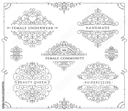 Collection of templates. Flourishes calligraphic ornaments and frames. Good for logos, books, jewelry, badges, postcard, banners, signes Vector illustration