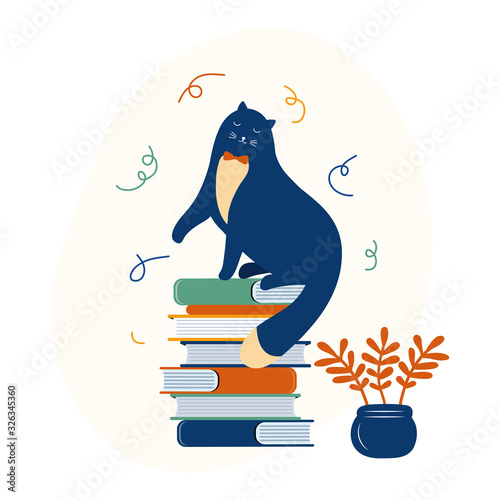 Smart kitten is a literary fan. Funny cartoon cat sits on a stack of books. Hand drawn happy animal character. Cat likes to read. Favorite pet is learning. Scandinavian vector flet illustration.