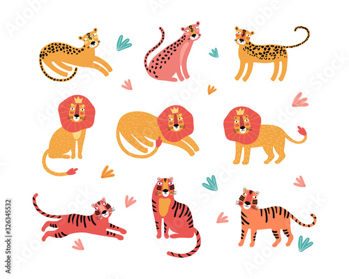 Fototapeta Naklejka Na Ścianę i Meble -  Set of wild cats, leopard, lion, tiger. Flat vector illustration. Wild exotic animals. Set for animation. Cute animal characters for design of printed material and t-shirt, poster, postcard, sticker.