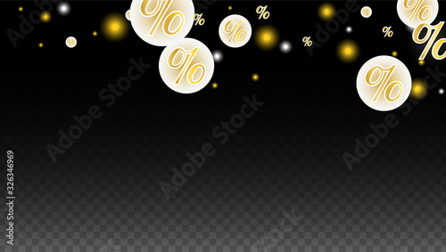 Luxury Vector Gold Percentage Sign Confetti on Transparent. Percent Sale Background. Business, Economics Print. Discount Illustration. Promotion Poster. Black Friday Banner. Special offer Template.
