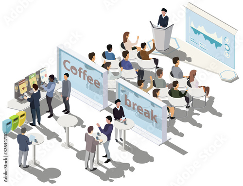 Isometric business conference. Business presentation, meeting room. Business training or courses concept with tribune, scene, infographic on screen, coffee break zone. Vector, illustration.