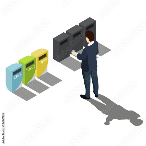 Garbage sorting. Man in a business suit decides where to drop a glass. No name dustbin. On white background. Vector isometric, 3d, illustration.