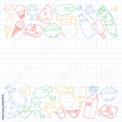Milk, butter, cottage cheese, sour cream, cheese, yogurt, ice cream, cream. Vector pattern. Collection of dairy products.