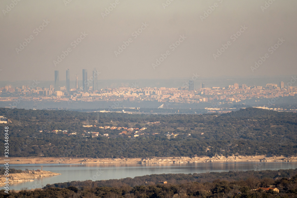 Panoramic view of Madrid (Spain) and pollution cloud from the distance