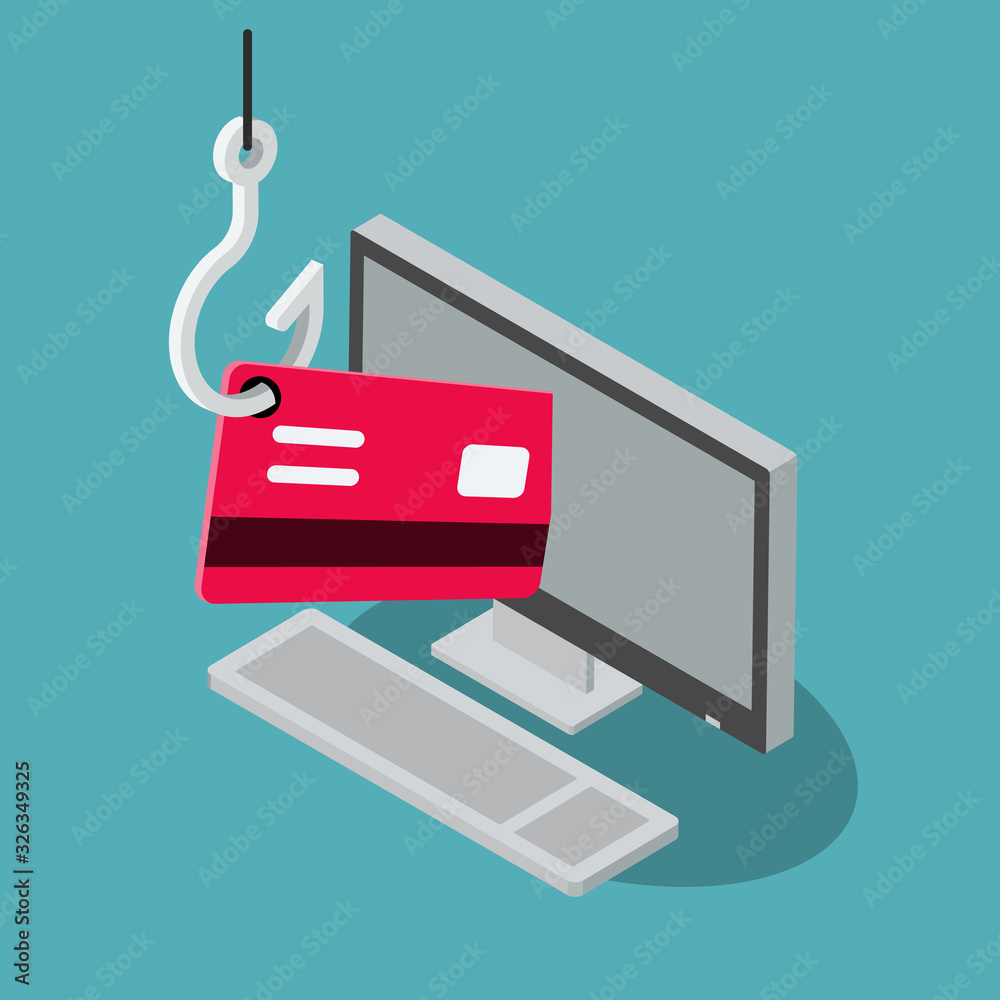 Phishing scam vector symbol with desktop computer, red credit card and  fishing hook isolated on blue background. Flat design, easy to use for your  website or presentation. Stock Vector