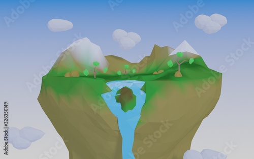 low poly  floating island in the sky .3D render