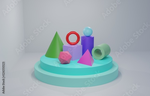 Colorful Geometry 3D Graphic Shapes Cube Pyramid Cone Cylinder Torus Sphere ,Abstract still life with simple geometric shapes. 3d render