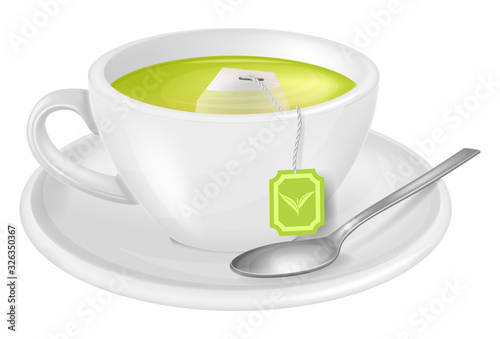 A cup of green tea with teabag and spoon. Vector illustration.	