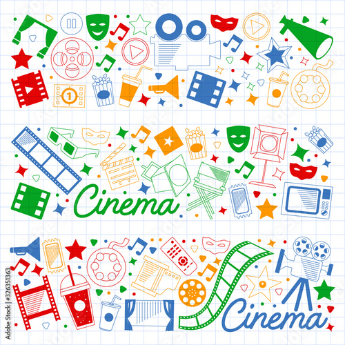 Vector pattern with cinema icons. Movie Theater, TV, popcorn, video clips, musical