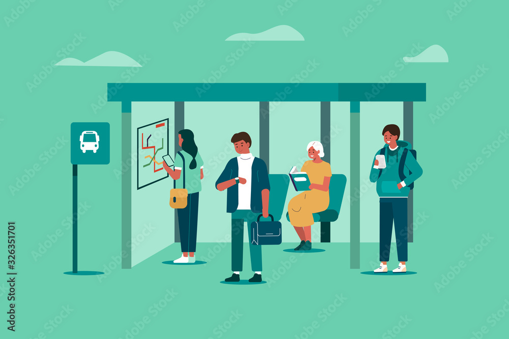 People Characters Waiting for Transport at Bus Station. Woman and Man Passengers Standing at Bus