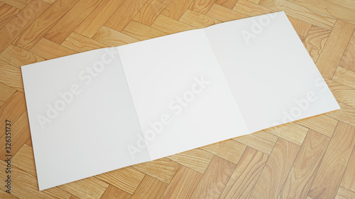 open trifold brochure on wooden background 3d rendering photo