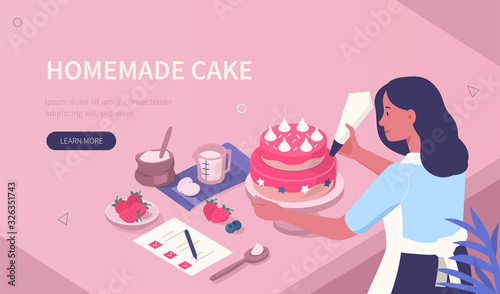 Woman Character Cooking Homemade Cake on Kitchen. Girl Looking at Recipe and  Preparing Sweet Dessert with Cream. Confectioner at Work. Bakery and Pastry Concept. Flat Isometric Vector Illustration.
